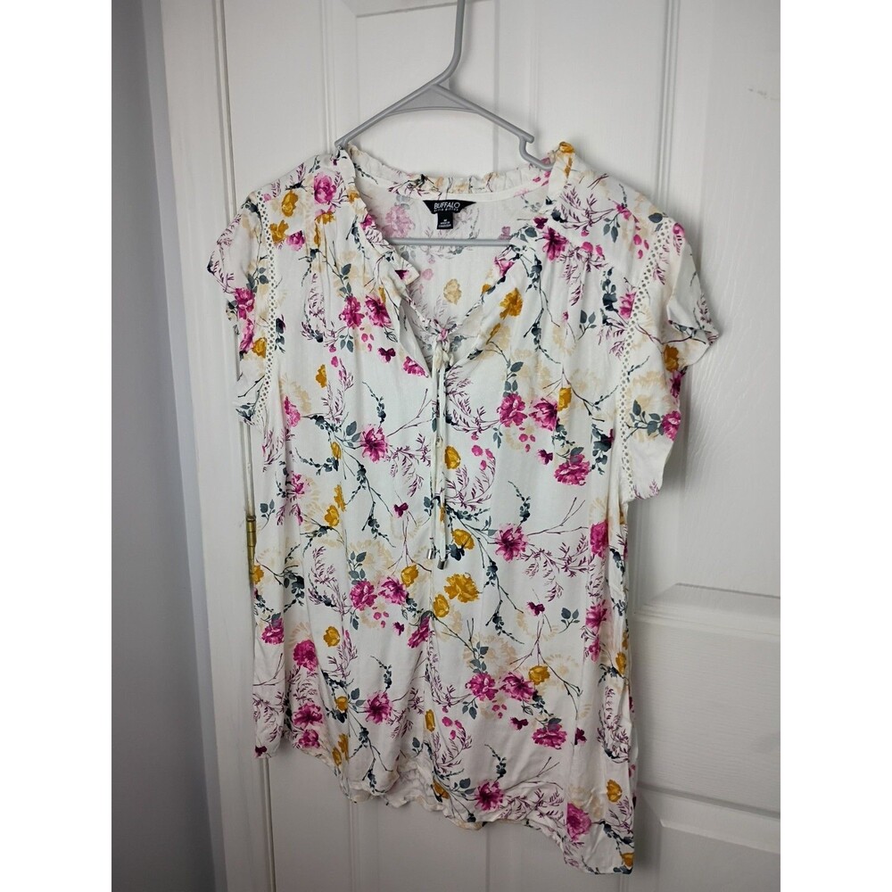 Buffalo David Bitton Woman M Flutter Sleeve Floral Popover Blouse V Tie Button
